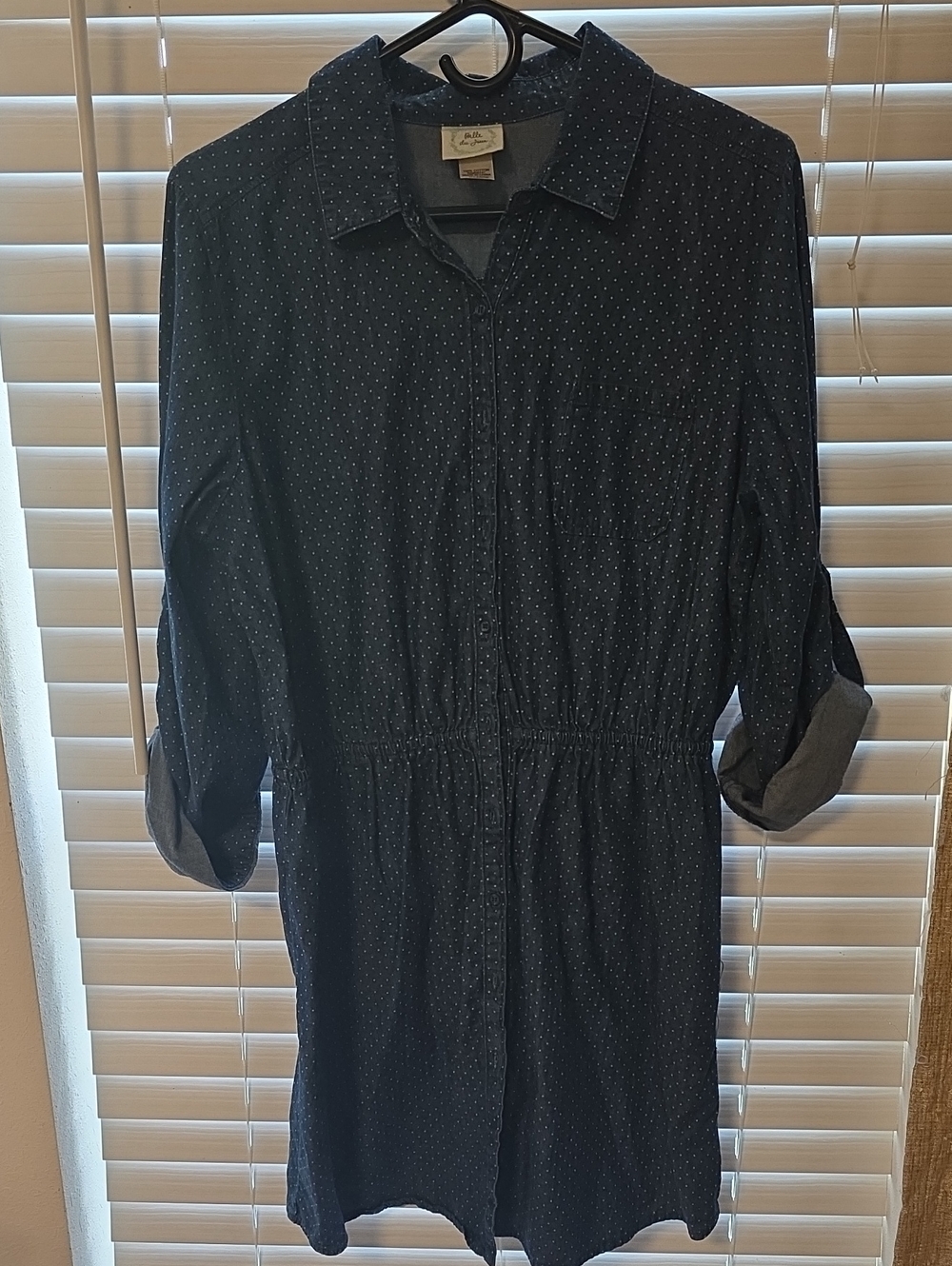 Belle Du Jour Navy Blue Polka Dot Button-Up Denim Skirt Dress